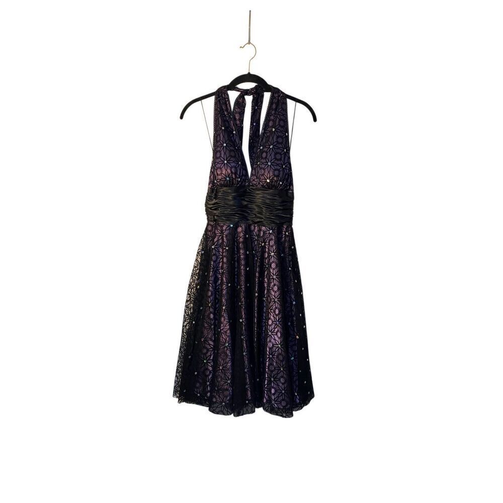 Adrianna Papell vintage glitter, purple and black halter floral flare dress size